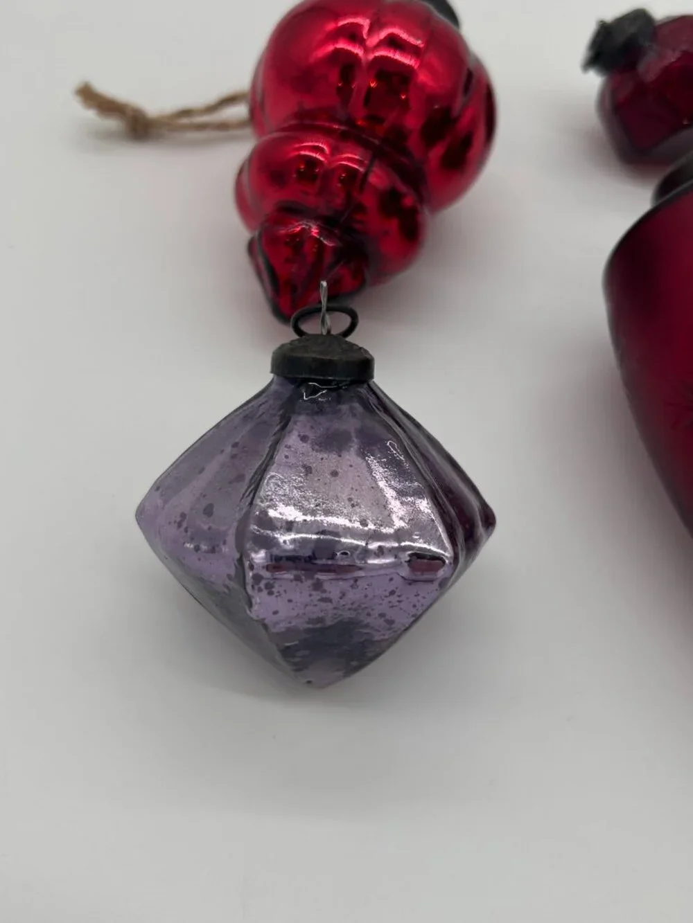 4 Vintage Kugel Style Glass Ribbed Teardrop Christmas Ornaments Red